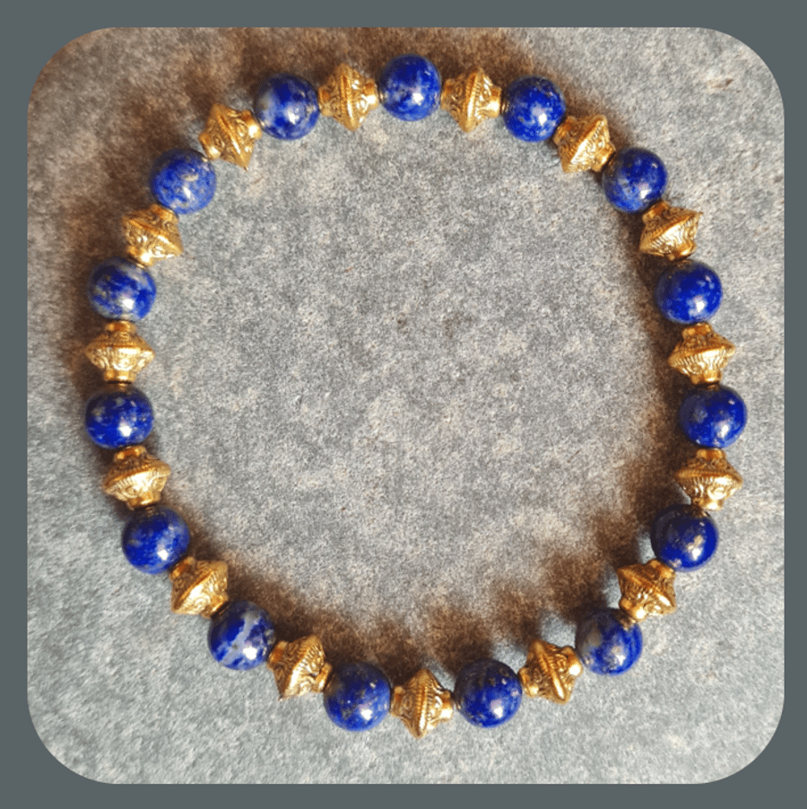 Lapis Lazuli and Gold Finish Tibetan Beaded Bracelet, 'Starry Starry Night'