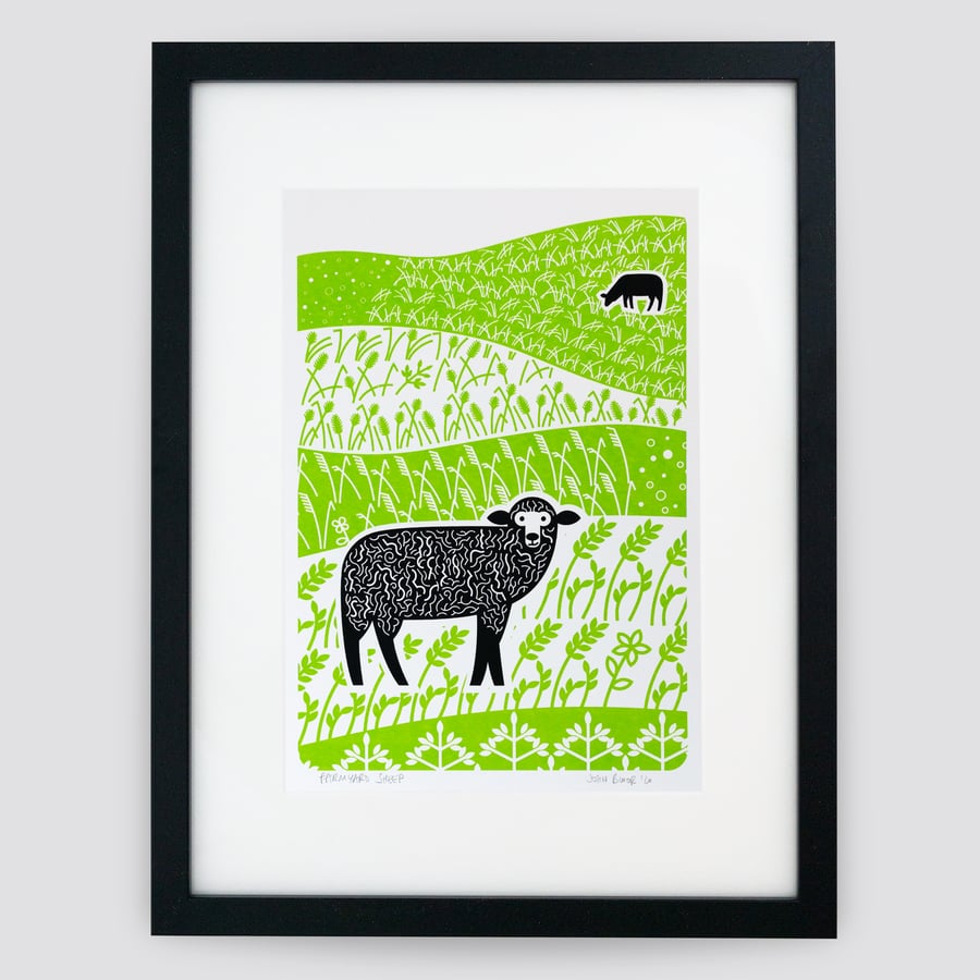 Farmyard Sheep hand pulled screen print framed