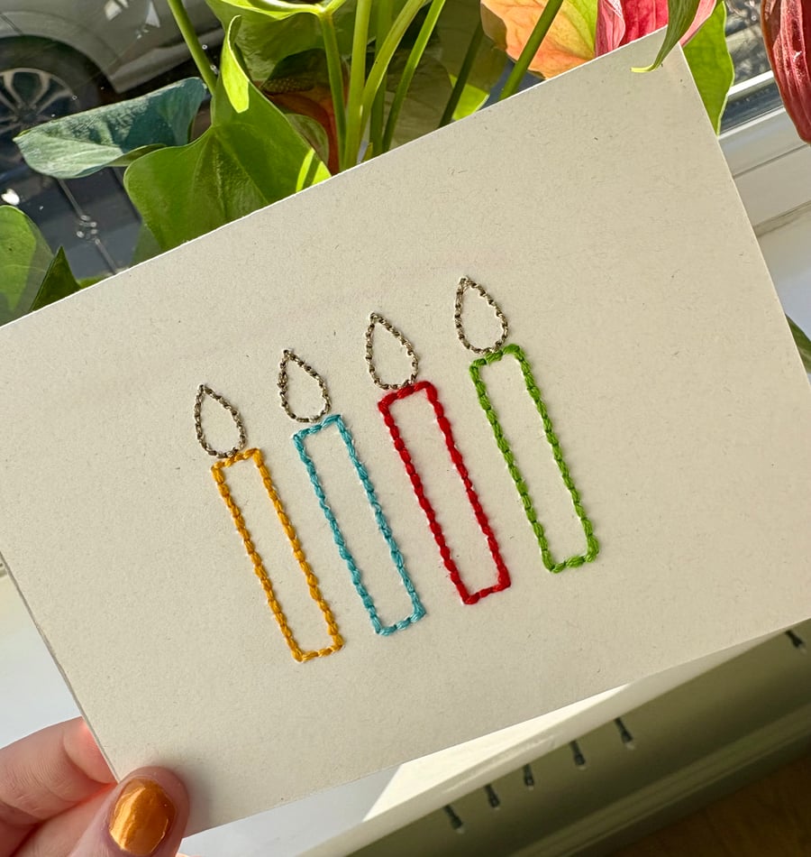 Hand Embroidered Birthday Card with Colourful Candles