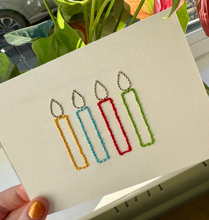 Hand Embroidered Birthday Card with Colourful Candles