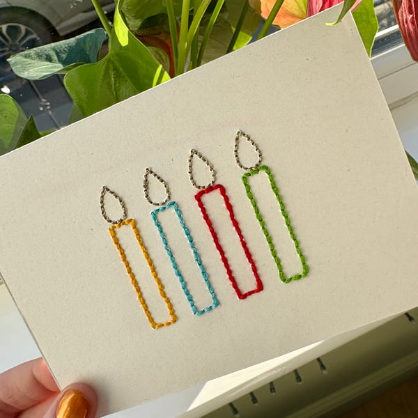 Hand Embroidered Birthday Card with Colourful Candles