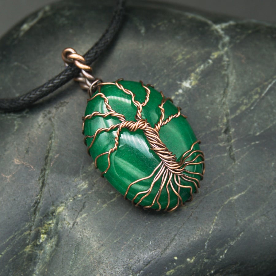 Copper Wire Wrapped Tree of Life Pendant with Green Stone