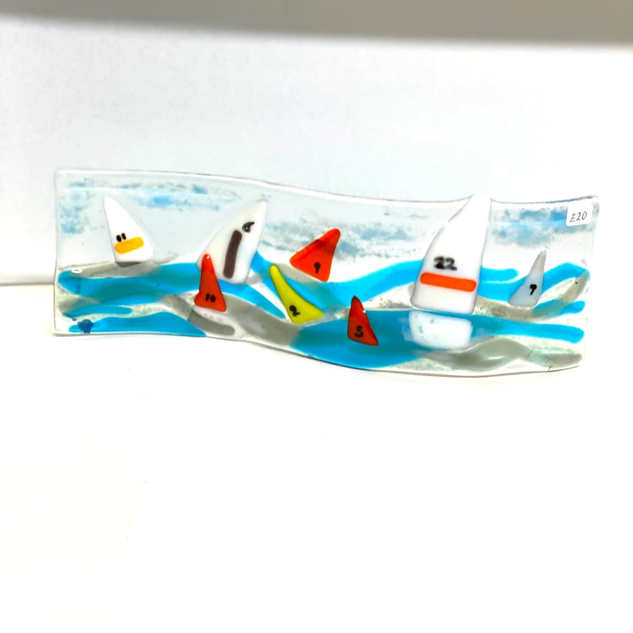  SECOND SUNDAY-“Sailing” fused glass free standing wave ornament