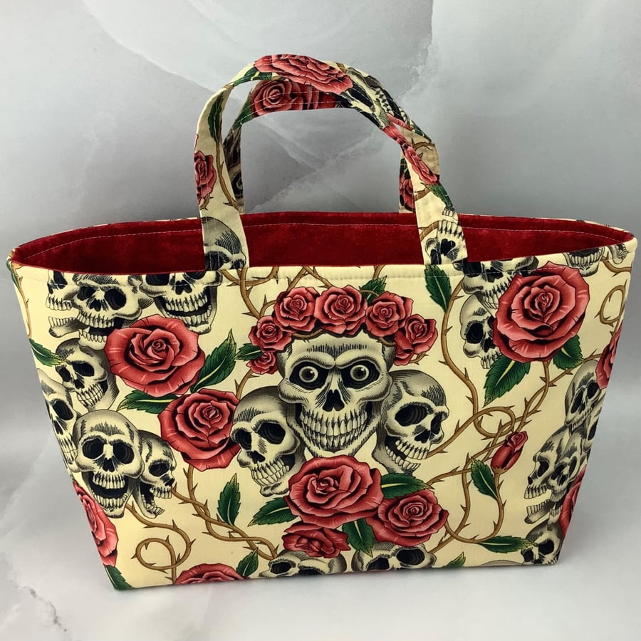 Skulls and roses tote bag, Gothic shopper, handmade in Sussex