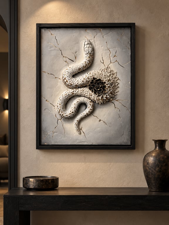 Handmade Snake Wall Art – Framed 3D Plaster Serpent Relief