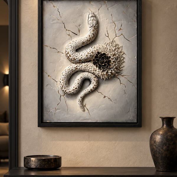 Handmade Snake Wall Art – Framed 3D Plaster Serpent Relief
