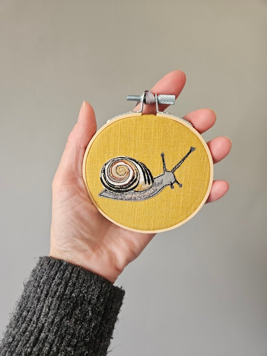 Snail embroidered mini hoop, handmade hanging decoration