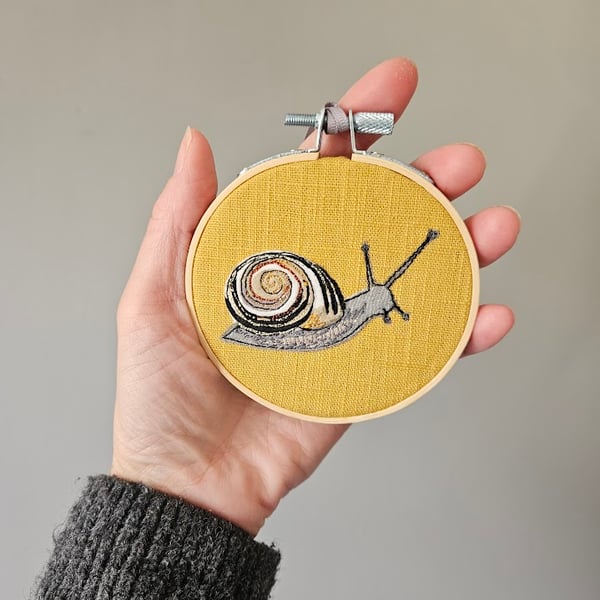 Snail embroidered mini hoop, handmade hanging decoration