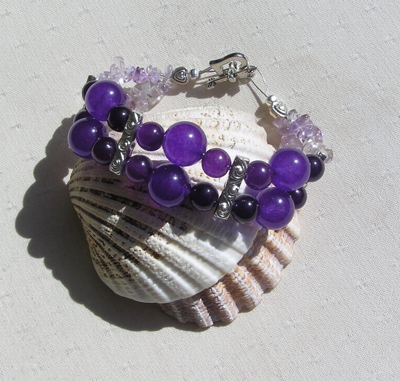 Purple Amethyst & Ametrine Gemstone Crystal Beaded Bracelet 