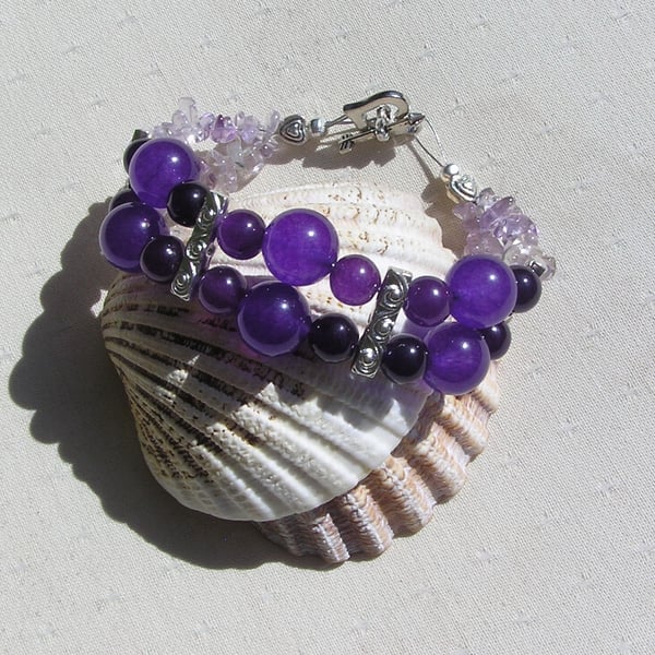 Purple Amethyst & Ametrine Gemstone Crystal Beaded Bracelet 
