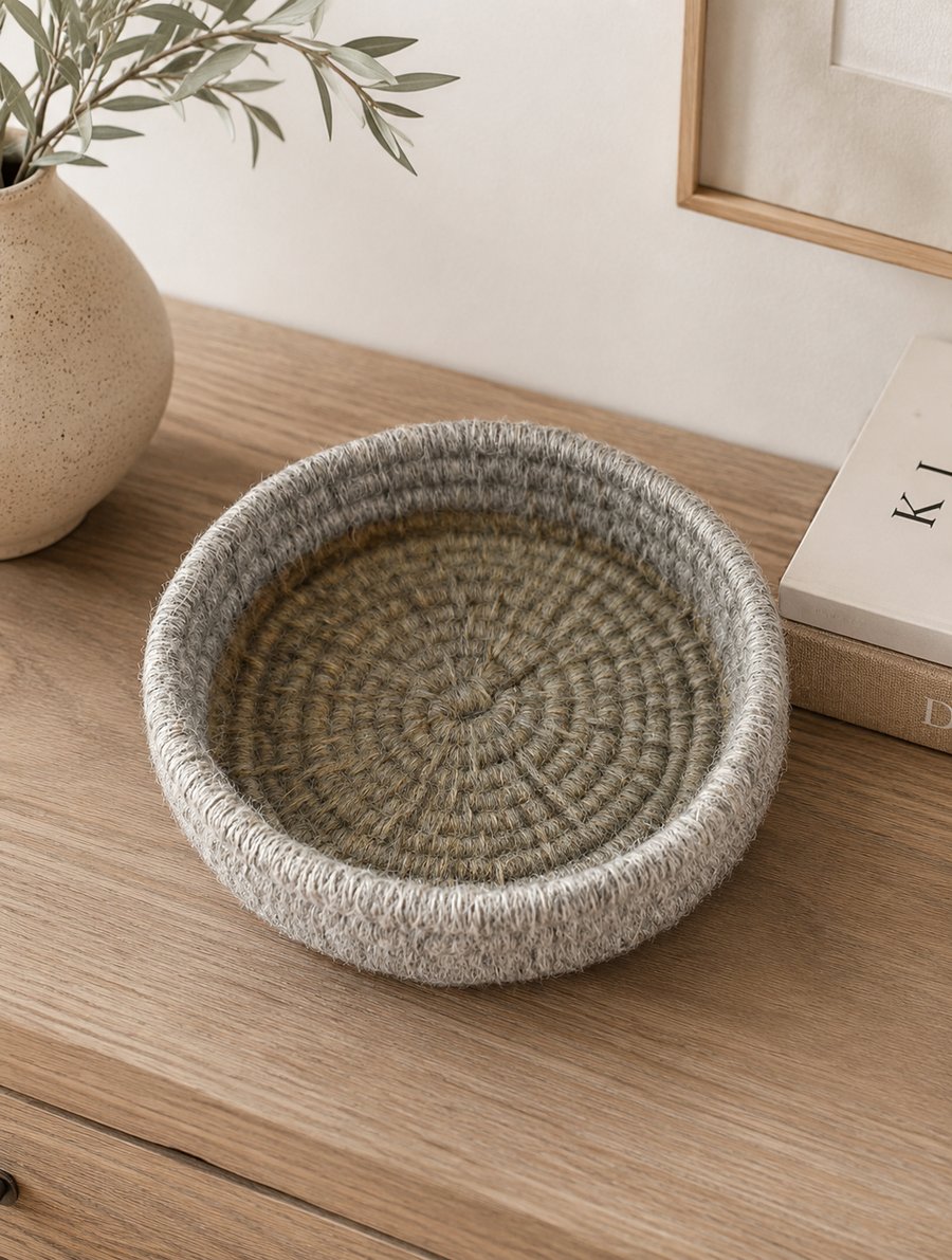 Grey Beige Medium Coiled Macrame Basket Small Storage Catch All Basket