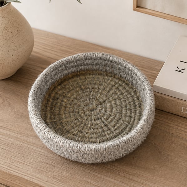 Grey Beige Medium Coiled Macrame Basket Small Storage Catch All Basket