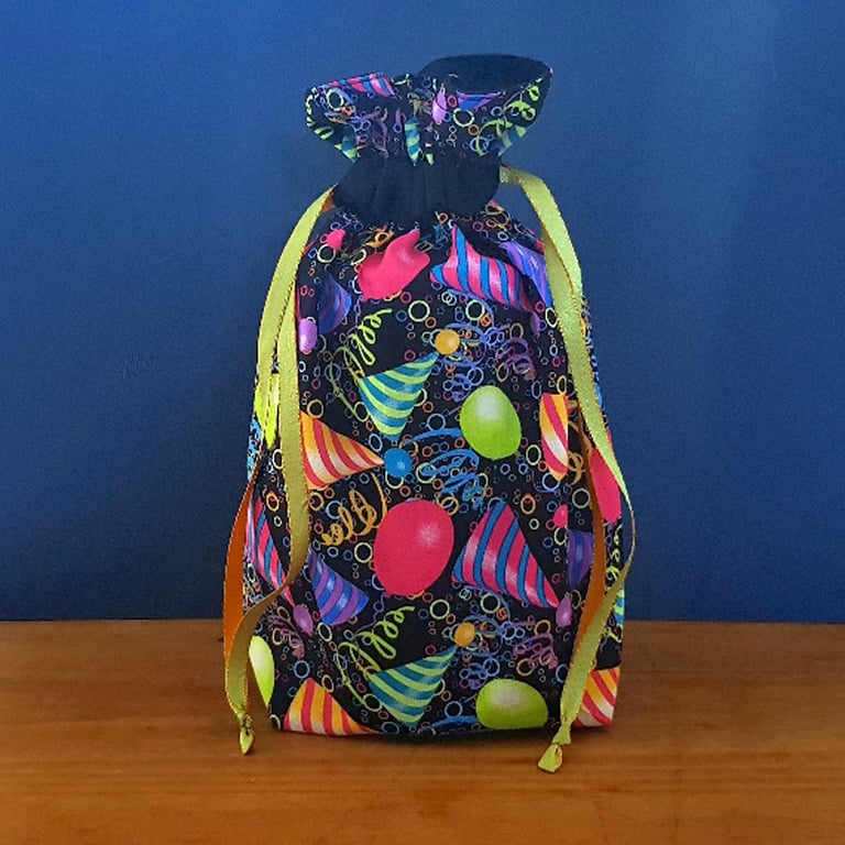 Medium Reusable Birthday Gift Bag - Balloons Party Hats and Streamers Print