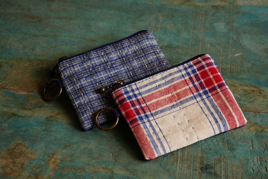 Fabric Coin & Card Zipper Pouch with Spring Clip Key Ring