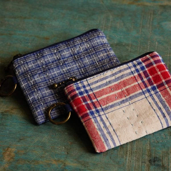 Fabric Coin & Card Zipper Pouch with Spring Clip Key Ring