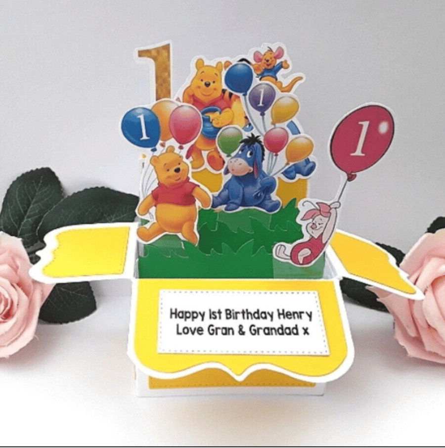 Personalised Winnie Pooh Pop Up Card Box, Personalised Winnie Pooh Centrepiece 
