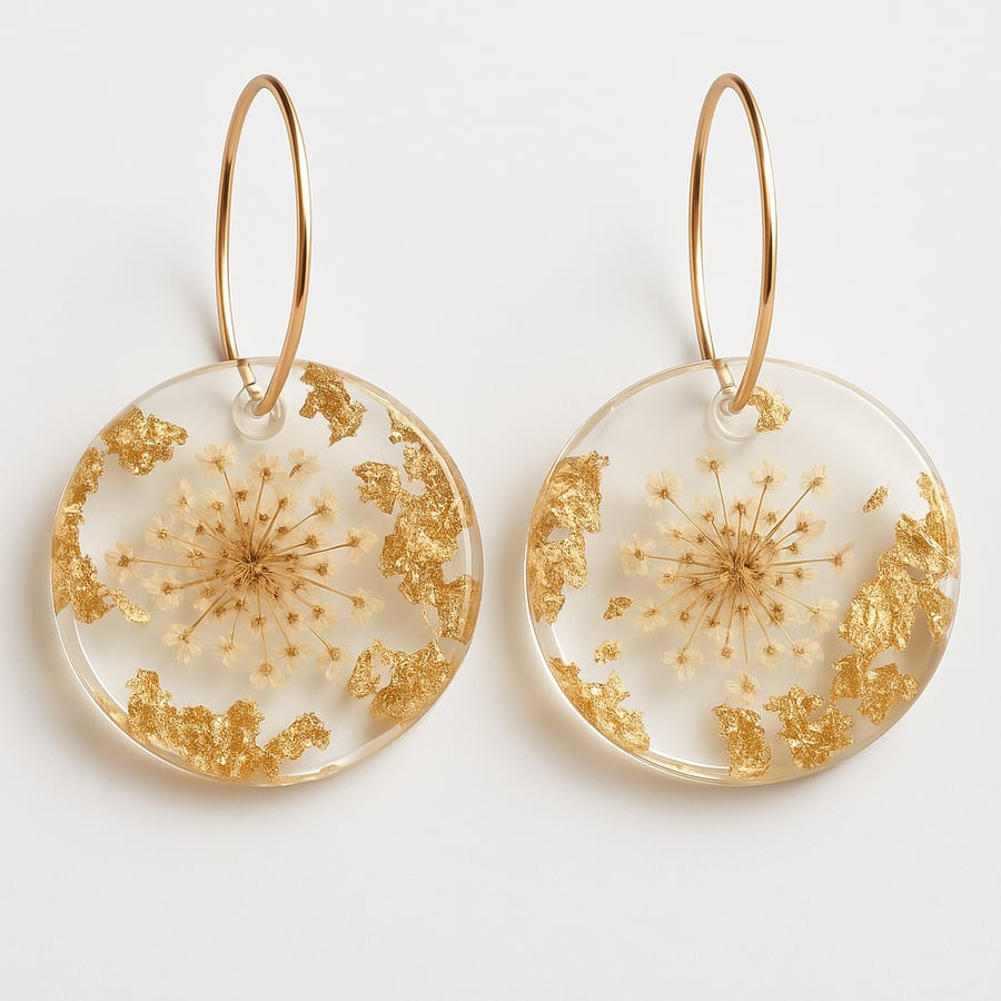 White Flower Resin Hoop Earrings – Gold Leaf Botanical Dangle Drops