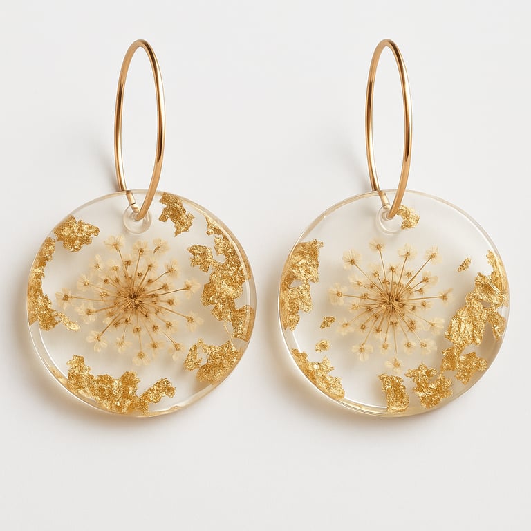 White Flower Resin Hoop Earrings – Gold Leaf Botanical Dangle Drops