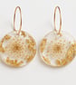 White Flower Resin Hoop Earrings – Gold Leaf Botanical Dangle Drops