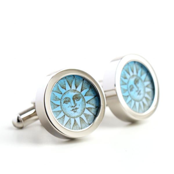 Sun Cufflinks with a Sun on a Blue Background in a Vintage Style