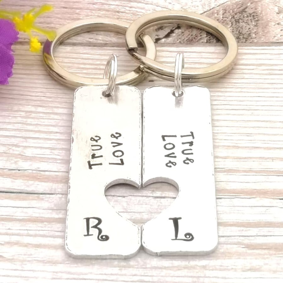 Couples Keyring Pair - True Love - Initial Keyring - Monogram Keychain - Custom