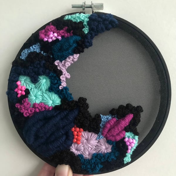 Highlights a 6 inch art embroidery art piece