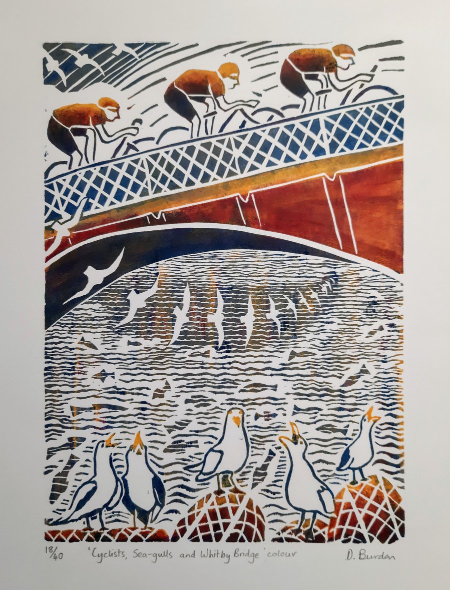 Limited edition linoprint of cyclists at Whitby, Yorkshire 