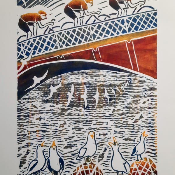 Limited edition linoprint of cyclists at Whitby, Yorkshire 