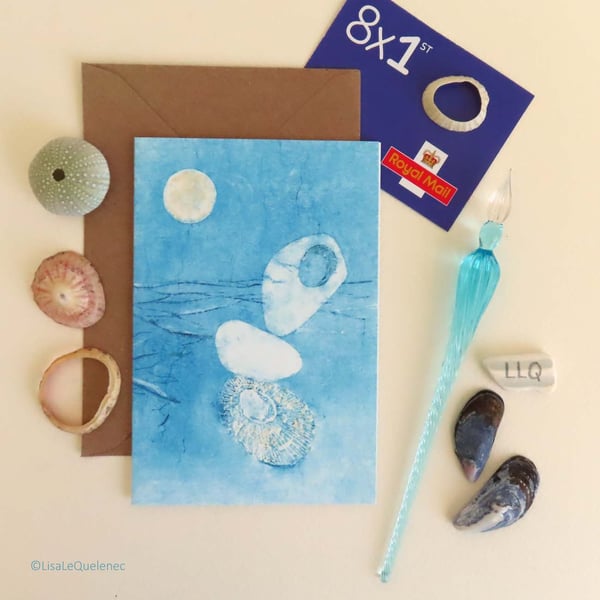 moon and beach stack blank art card shells pebbles and sea plastic free
