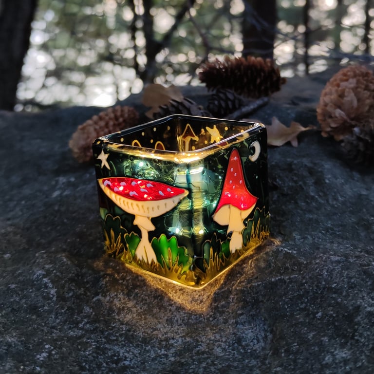 Wee candle holder, hand painted glass, mushrooms and toadstools under night sky