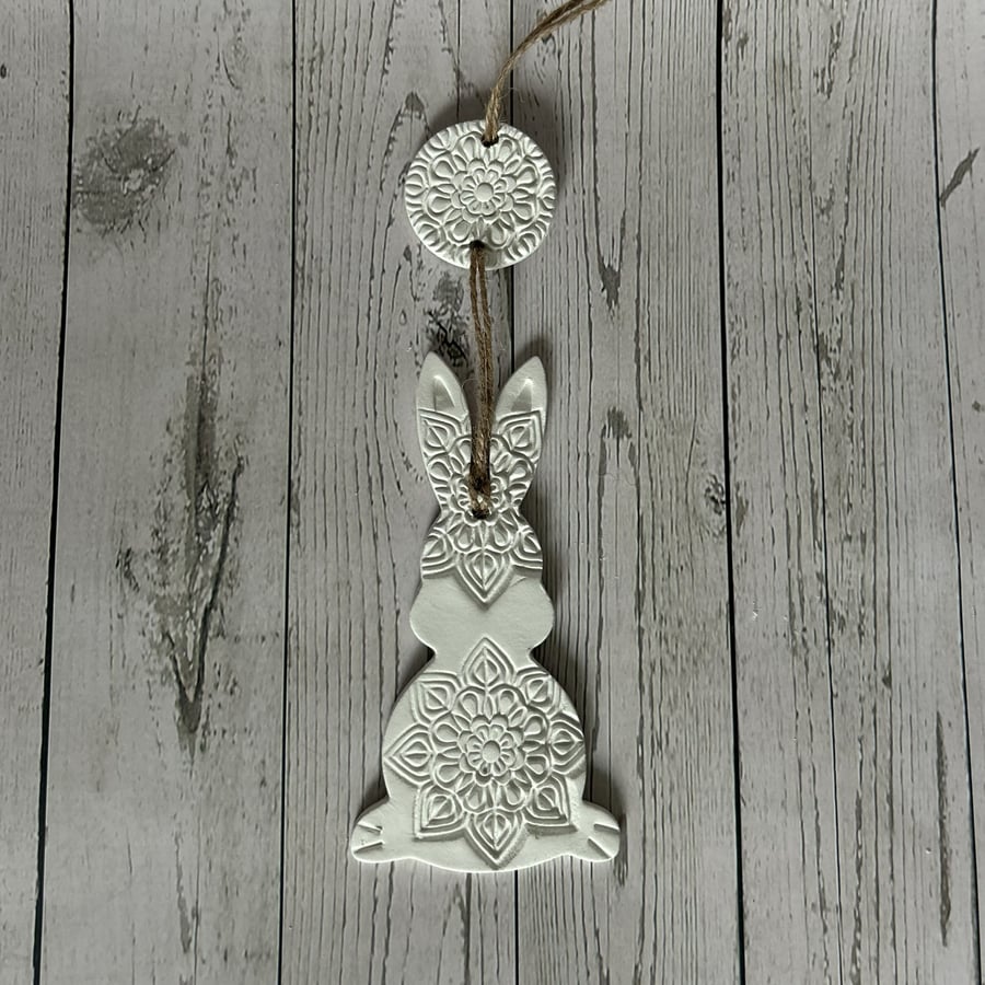 Handmade Rustic Clay Easter Bunny – Mandala Wall Hanging – Spring Gift & Décor
