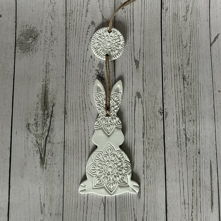 Handmade Rustic Clay Easter Bunny – Mandala Wall Hanging – Spring Gift & Décor
