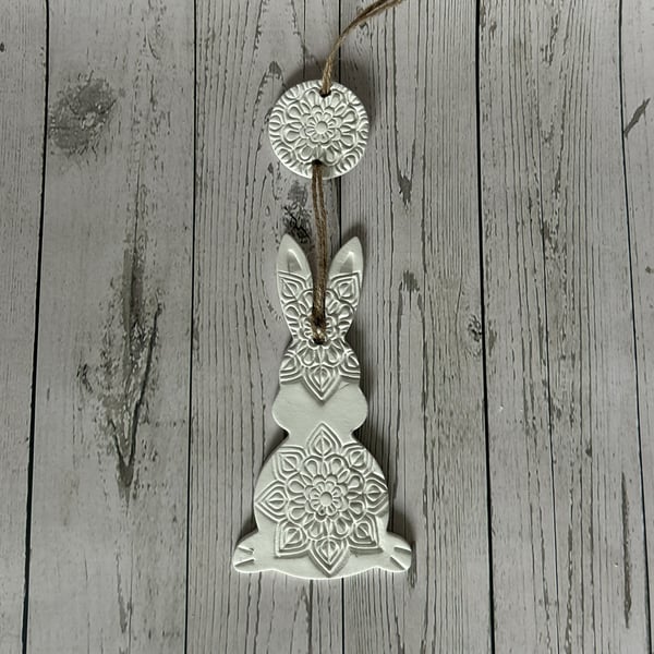 Handmade Rustic Clay Easter Bunny – Mandala Wall Hanging – Spring Gift & Décor