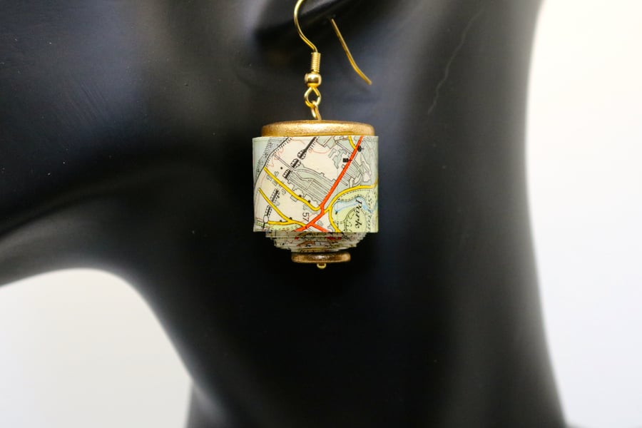 Paper Beaded earrings made of a 1952 OS map of Chester and Liverpool