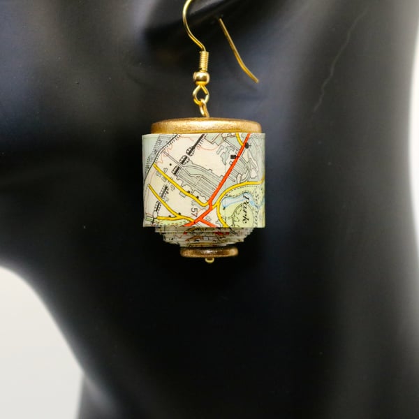 Paper Beaded earrings made of a 1952 OS map of Chester and Liverpool