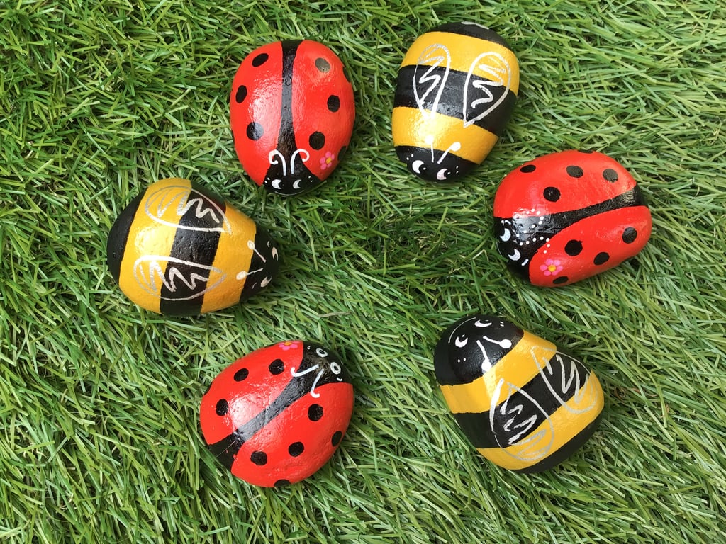 Hand Painted Pebbles Stones Red Ladybirds Bumble Bees Garden Decoration Set of 6
