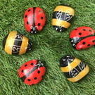 Hand Painted Pebbles Stones Red Ladybirds Bumble Bees Garden Decoration Set of 6
