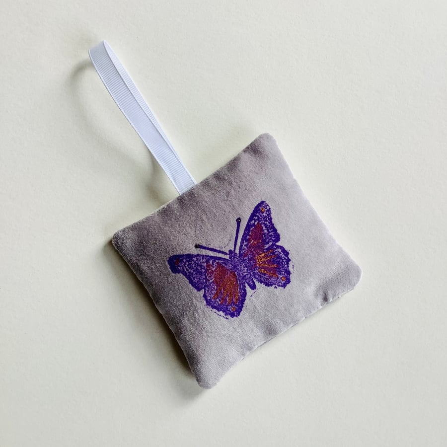 Silver GreyButterfly Lavender Bag Hand Printed on Luxury Velvet; Lavender sachet
