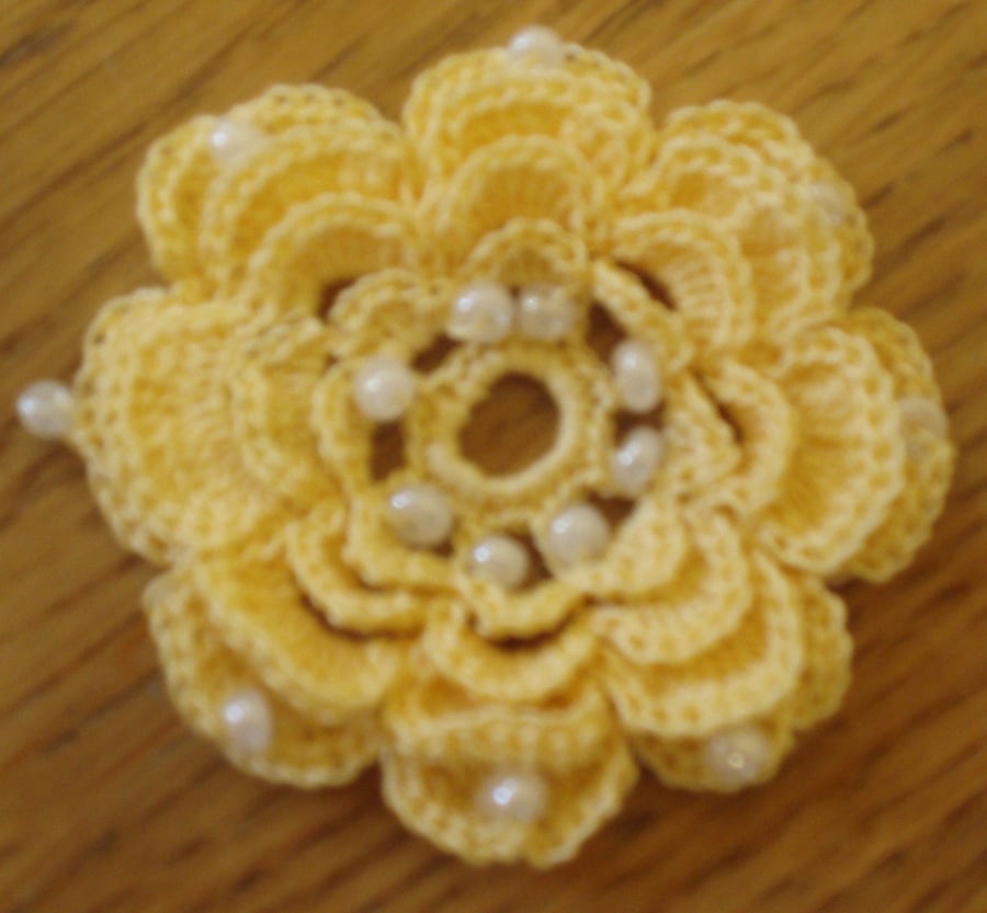 HANDMADE COTTON FLOWER 6CM- LOVELY YELLOW &  BEADS ATTACHED FOR USE IN CRAFTS