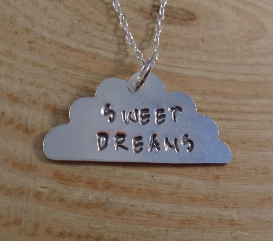 Sterling Silver Stamped 'Sweet Dreams' Cloud Necklace