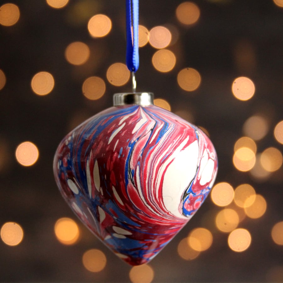 Burgundy red and blue Christmas marbled ceramic bauble 