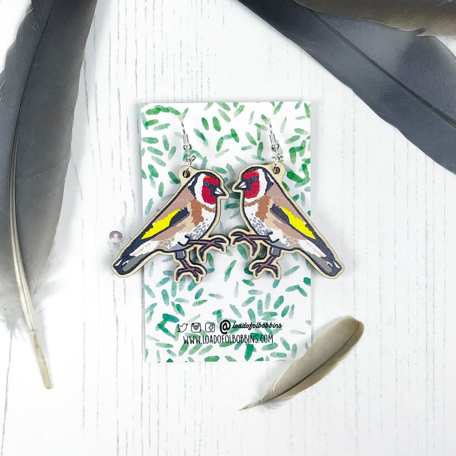 Goldfinch Wooden Illustrated Drop Earrings