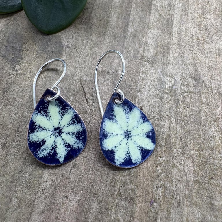 Blue and green enamel earrings, handmade copper teardrop earrings, colourful Wel