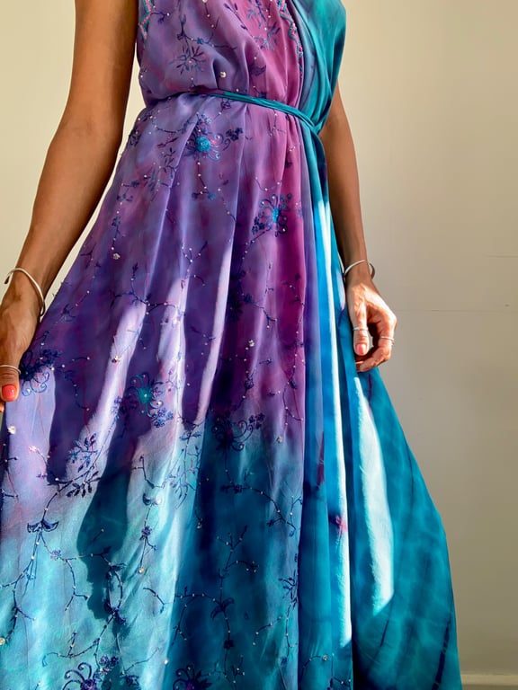 Tie dye silk dress sequined embroider long sundress event party wedding dress 