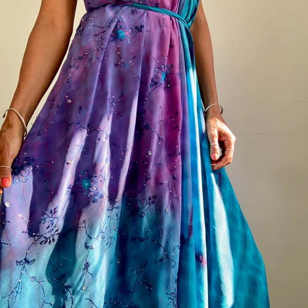 Tie dye silk dress sequined embroider long sundress event party wedding dress 