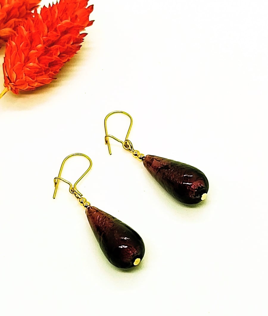 Dark Amethyst Murano Glass Earrings, Silver Foiled, Gold-Filled Beads, Ear Wires