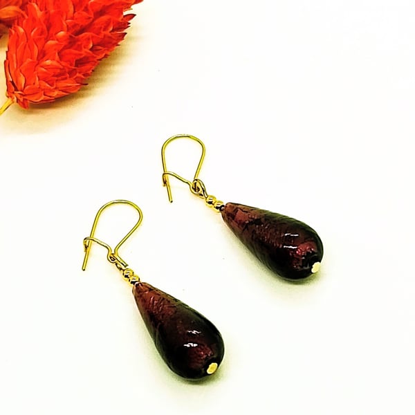 Dark Amethyst Murano Glass Earrings, Silver Foiled, Gold-Filled Beads, Ear Wires