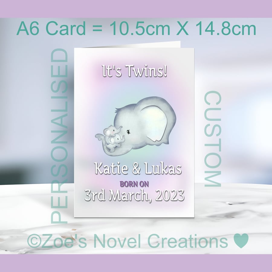 New Baby Twins Card, personalised, twin elephants A6 10.5cm x 14.8cm