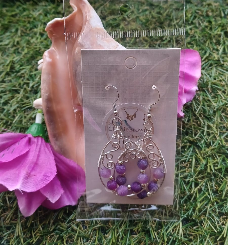 Purple crackle dragons vein agate earrings 