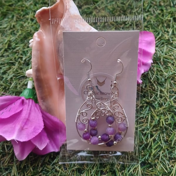 Purple crackle dragons vein agate earrings 